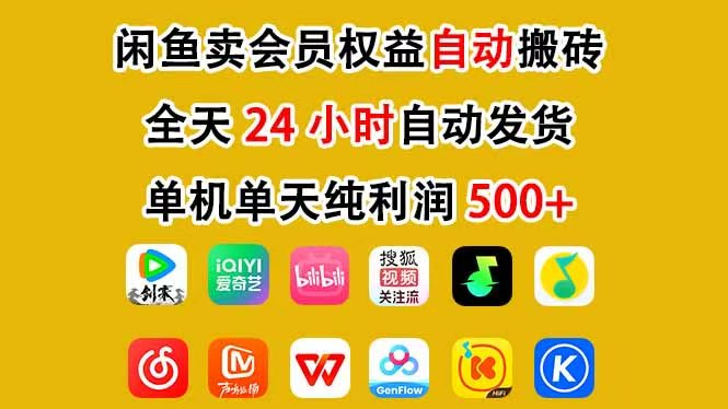 咸鱼卖虚拟直冲会员，一部手机日入500+，全程24小时托管挂机，简单暴力，无脑上手-hl998