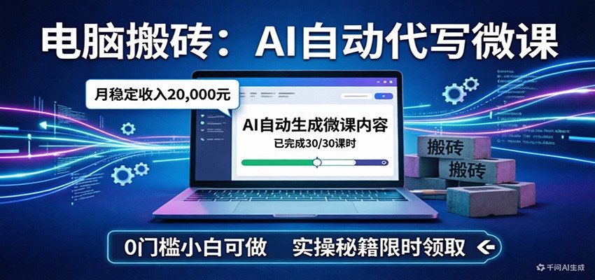 电脑搬砖AI自动代写微课，月稳定2W，0门槛小白可做，实操秘籍-hl998