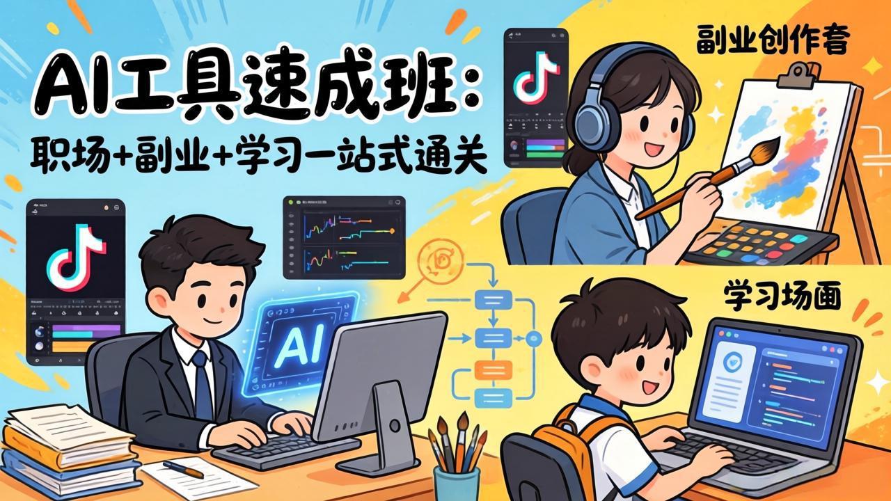 AI工具速成班：职场+副业+学习一站式通关，20+爆款类型+剪映技巧+抖音算法，0基础快速上手-hl998