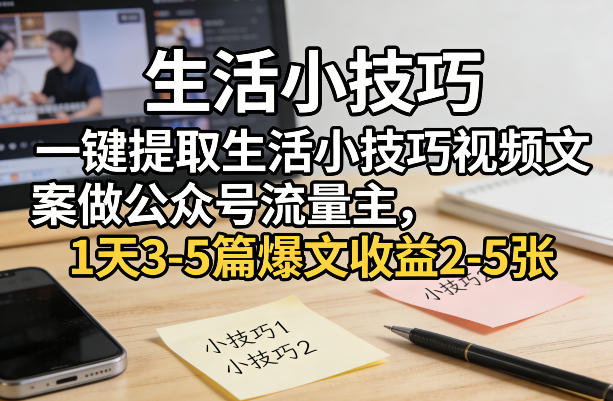 一键提取生活小技巧视频文案做公众号流量主，1天3-5篇爆文收益2-5张-hl998