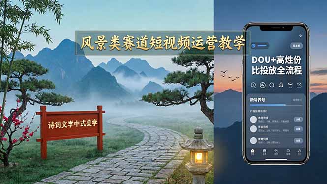 风景类赛道短视频运营教学：诗词文学中式美学，新号养号对标账号定位，DOU+高性价比投放全流程-hl998