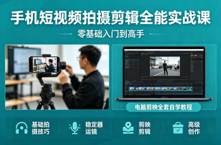 手机短视频拍摄剪辑全能实战课：零基础入门到高手，稳定器运镜+电脑剪映全套自学教程-hl998