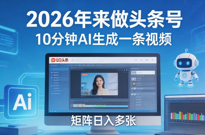 2026年来做头条号，10分钟AI生成一条视频，矩阵日入多张-hl998