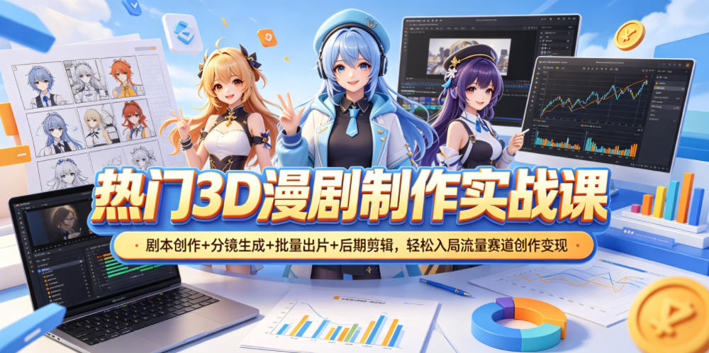 热门3D漫剧制作实战课，剧本创作+分镜生成+批量出片+后期剪辑，轻松入局流量赛道创作变现-hl998