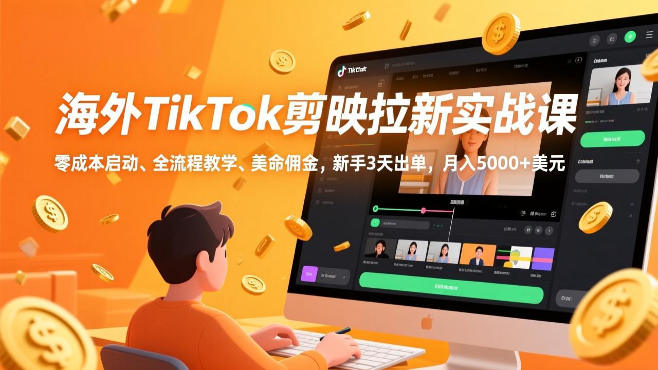 海外TikTok剪映拉新实战课，零成本启动、全流程教学、美金佣金，新手3天出单，月入5000+美元-hl998