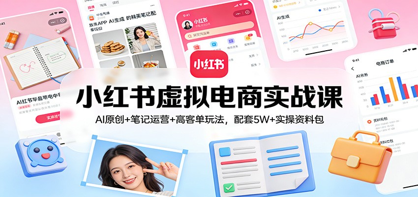 小红书虚拟电商实战课：AI原创+笔记运营+高客单玩法，配套5W+实操资料包-hl998