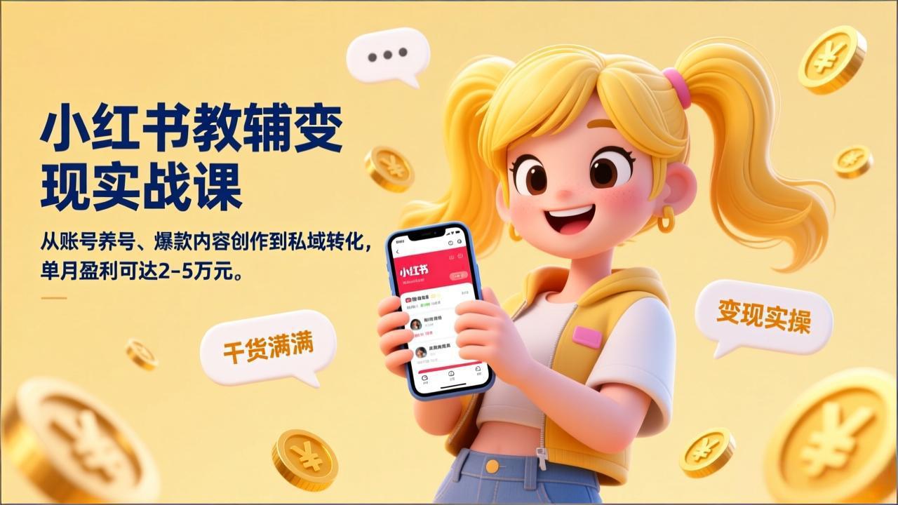 小红书教辅变现实战课，从账号养号、爆款内容创作到私域转化，单月盈利可达2-5万元-hl998