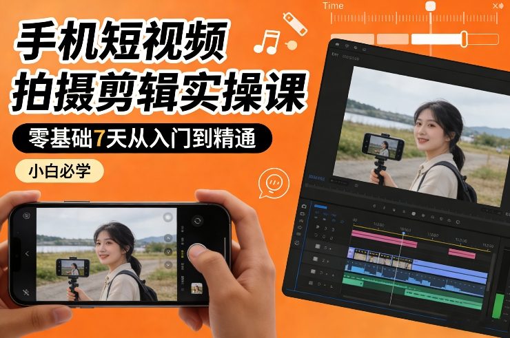 手机短视频拍摄剪辑实操课，零基础7天从入门到精通，小白必学-hl998
