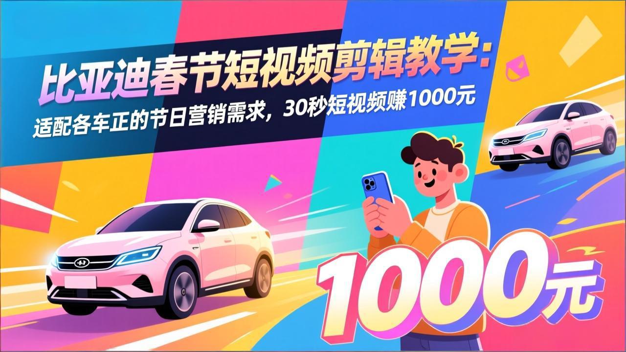 比亚迪春节短视频剪辑教学：适配各车企的节日营销需求，30秒短视频赚1000元-hl998