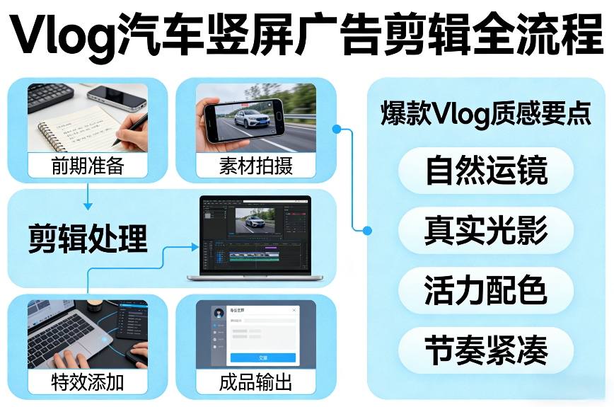 Vlog感觉汽车竖屏广告剪辑脚本全流程，拿捏爆款Vlog质感-hl998