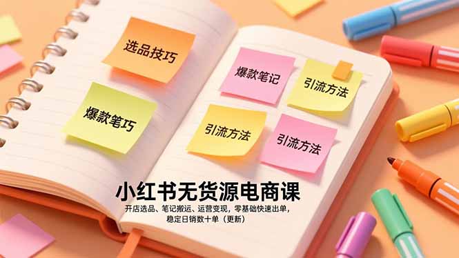 小红书无货源电商课，开店选品、笔记搬运、运营变现，零基础快速出单，稳定日销数十单(更新-hl998