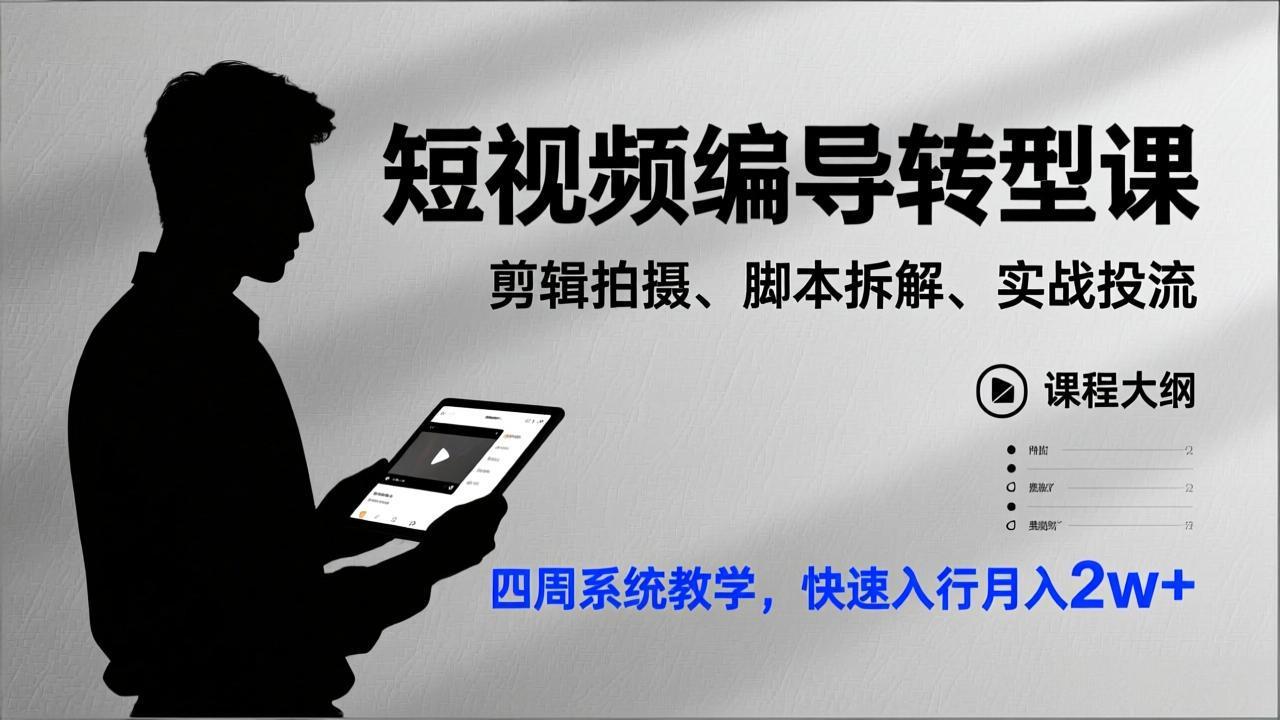 短视频编导转型课，剪辑拍摄、脚本拆解、实战投流，四周系统教学，快速入行月入2w+-hl998