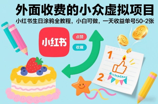 外面收费的小众虚拟项目，小红书生日涂鸦全教程，小白可做，一天收益单号50-2张-hl998