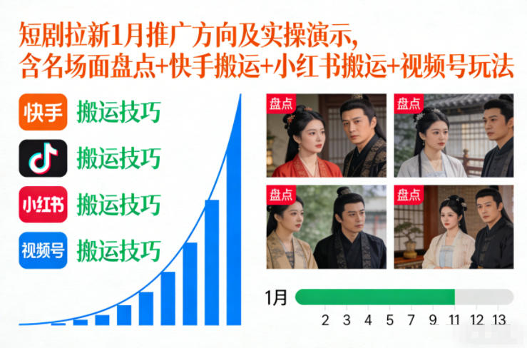 短剧拉新1月推广方向及实操演示，含名场面盘点+快手搬运+小红书搬运+视频号玩法-hl998