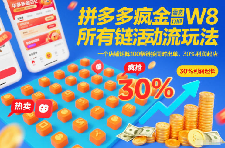 拼多多疯狂活动流玩法，所有链接全部打标，一个店铺矩阵100条链接同时出单，30%利润起店-hl998