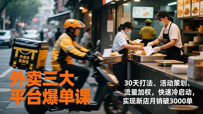 外卖三大平台爆单课，30天打法、活动策划、流量加权，快速冷启动，实现新店月销破3000单-hl998