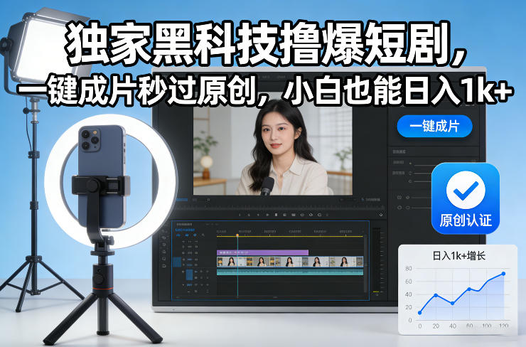 独家黑科技撸爆短剧，一键成片秒过原创，小白也能日入1k+【揭秘】-hl998