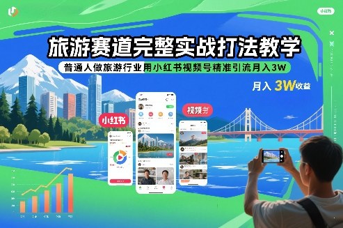 旅游赛道完整实战打法教学，普通人做旅游行业用小红书视频号精准引流月入3W-hl998
