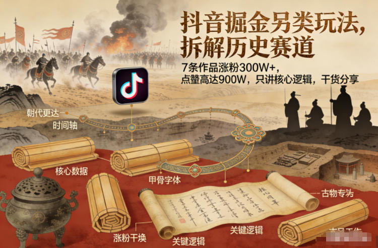 抖音掘金另类玩法，拆解历史赛道，7条作品涨粉300W+，点赞量高达900W，只讲核心逻辑，干货分享-hl998