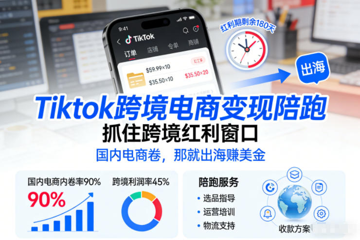 Tiktok跨境电商变现陪跑，抓住跨境红利窗口，国内电商卷，那就出海賺美金-hl998