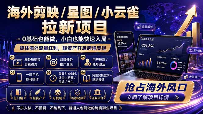 海外剪映 / 星图 / 小云雀拉新项目 普通人也能上手的跨境流量变现副业-hl998