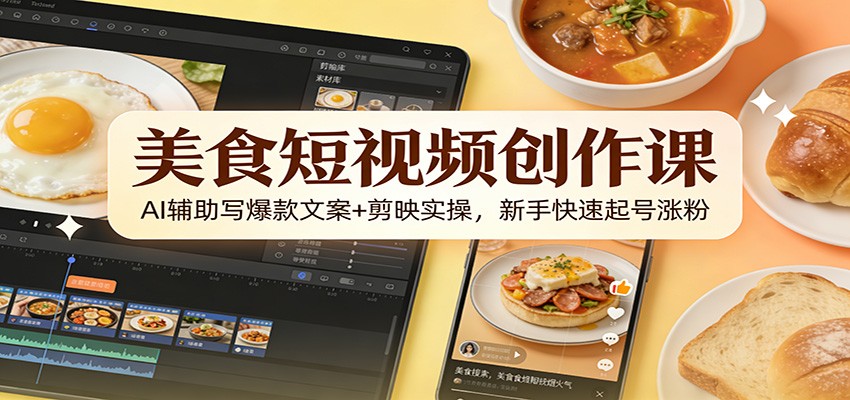 美食短视频创作课：AI辅助写爆款文案+剪映实操，新手快速起号涨粉-hl998