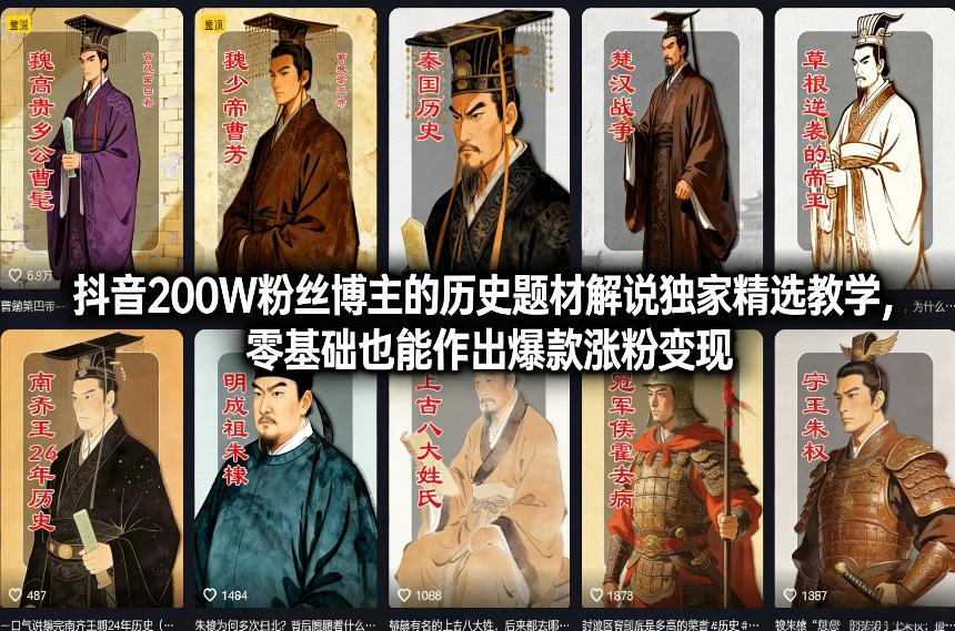 抖音200W粉丝博主的历史题材解说独家精选教学，零基础也能作出爆款涨粉变现-hl998