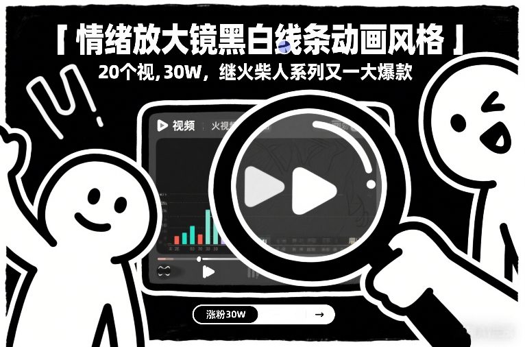 情绪放大镜黑白线条动画风格，20个视频，涨粉30W，继火柴人系列又一大爆款-hl998