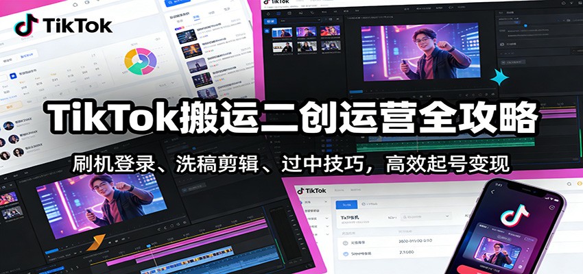TikTok搬运二创运营全攻略：刷机登录、洗稿剪辑 、过中技巧，高效起号变现-hl998