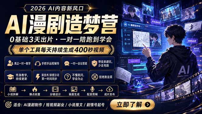 AI漫剧造梦营：0基础3天出片，单个工具每天持续生成400秒视频-hl998