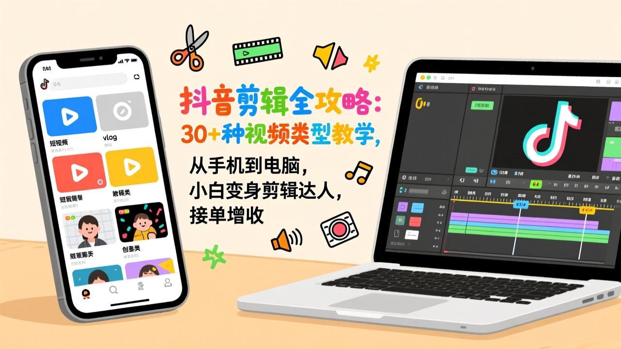 抖音剪辑全攻略：30+种视频类型教学，从手机到电脑，小白变身剪辑达人，接单增收-hl998