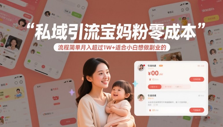 私域引流宝妈粉零成本流程简单月入超过1W+适合小白想做副业的-hl998
