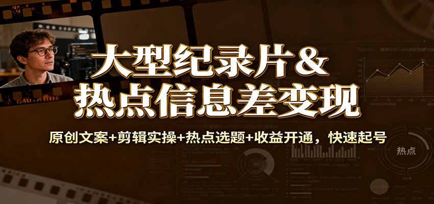 大型纪录片&热点信息差变现：原创文案+剪辑实操+热点选题+收益开通，快速起号-hl998