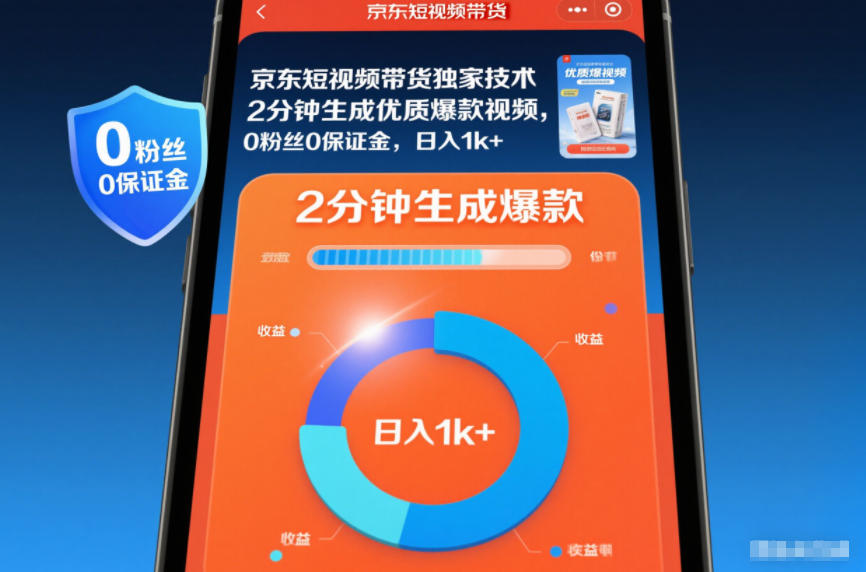 京东短视频带货独家技术，2分钟生成一条优质爆款视频，0粉丝0保证金，日入1k+【揭秘】-hl998