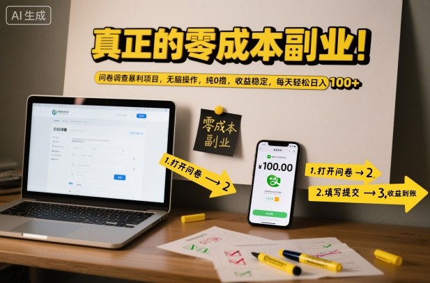 真正的零成本副业！问卷调查暴利项目，无脑操作，纯0撸，收益稳定，每天轻松日入100+【揭秘】-hl998