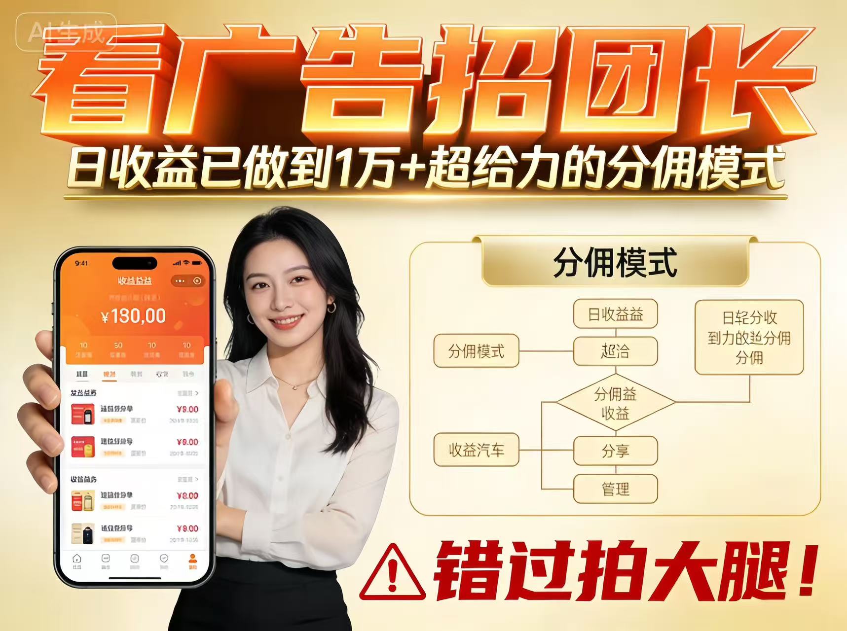 看广告招团长，团队收益已做到日入1万，分佣模式超给力，错过拍大腿-hl998