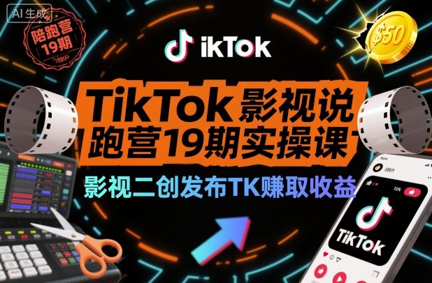 TikTok影视解说陪跑营19期实操课，影视二创发布TK賺取收益，万播收益50美金(更新)-hl998