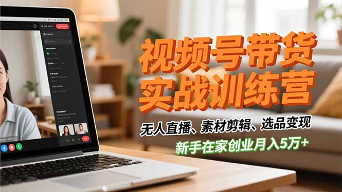 视频号带货实战训练营，无人直播、素材剪辑、选品变现，新手在家创业月入5万+-hl998