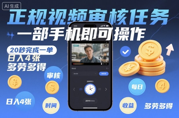 正规视频审核任务，一部手机即可操作，20秒完成一单，日入4张，多劳多得【揭秘】-hl998