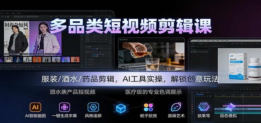 多品类短视频剪辑课：服装/酒水/药品剪辑，AI工具实操，解锁创意玩法-hl998