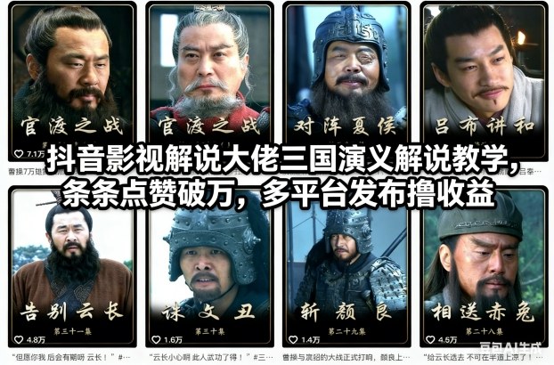 抖音影视解说大佬三国演义解说教学，条条点赞破万，多平台发布撸收益-hl998