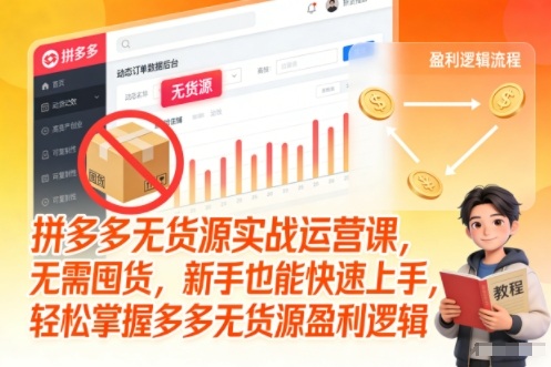 拼多多无货源实战运营课，无需囤货，新手也能快速上手，轻松掌握多多无货源盈利逻辑-hl998