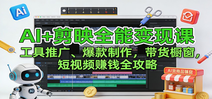 AI+剪映全能变现课：工具推广、爆款制作、带货橱窗，短视频赚钱全攻略-hl998