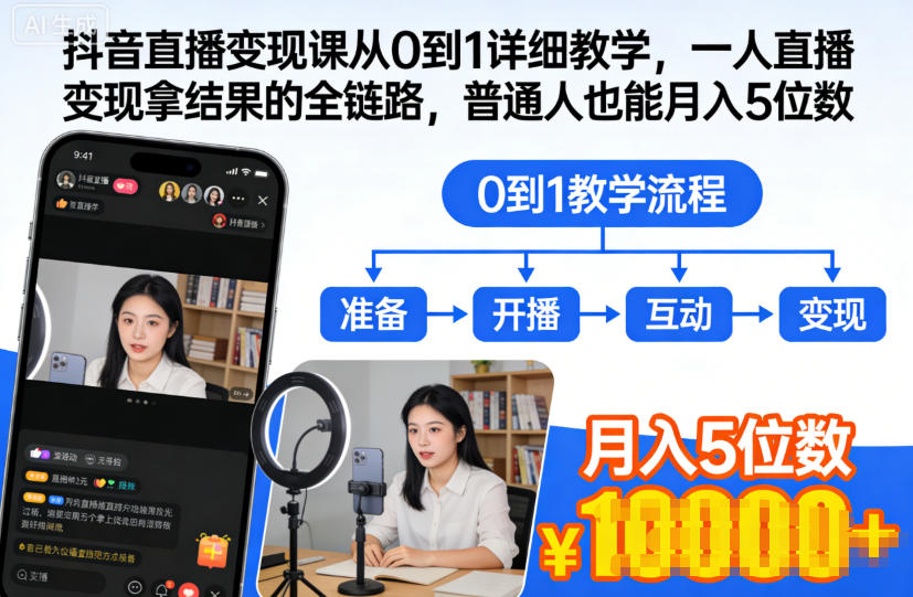 抖音直播变现课从0到1详细教学，一人直播变现拿结果的全链路，普通人也能月入5位数-hl998