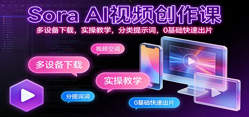 Sora AI视频创作课：多设备下载，实操教学，分类提示词，0基础快速出片-hl998