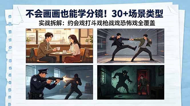 不会画画也能学分镜！30+场景类型实战拆解：约会戏打斗戏枪战戏恐怖戏全覆盖-hl998