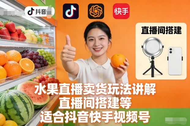 水果直播卖货玩法讲解、直播间搭建等，适合抖音快手视频号-hl998