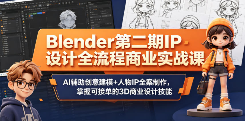 Blender第二期IP设计全流程商业实战课，AI辅助创意建模+人物IP全案制作，掌握可接单的3D商业设计技能-hl998