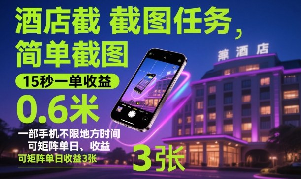 酒店截图任务，简单截图，15秒一单收益0.6米，一部手机不限地方时间，可矩阵单日收益3张【揭秘】-hl998