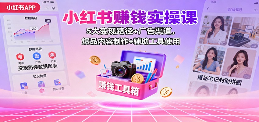 小红书赚钱实操课：5大变现路径+广告渠道，爆品内容制作+辅助工具使用-hl998
